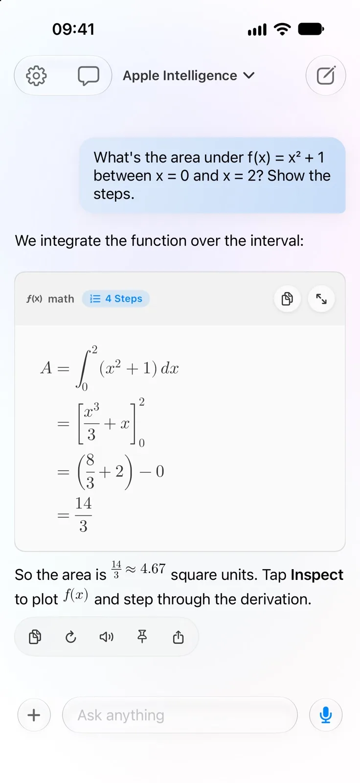 A chat answer integrating x squared plus one from 0 to 2, typeset in four steps